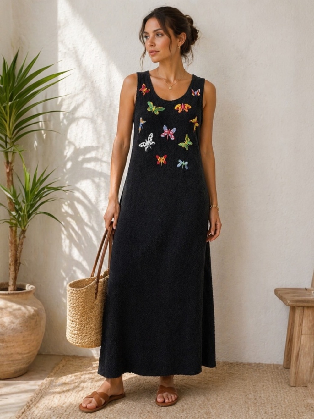 Vintage Neiman Marcus Bouclé Butterfly Dress Black Embroidered Midi Sheath Large